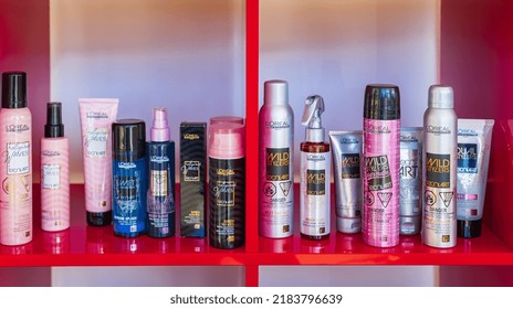 Modern Beauty Salon Interior. Different Cosmetics On Shelves. Cosmetic Section With Conditioners, Shampoo And Hair Treatment-July 20,2022-Victoria BC Canada