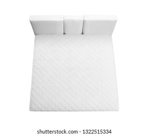 Modern Bed With Comfortable Soft Mattress On White Background, Top View