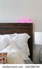 Modern Bed With Decorative Pillows And Neon Sign, Cute Girl Bedroom, Trendy Home Decor