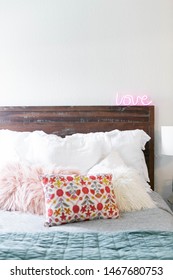 Modern Bed With Decorative Pillows And Neon Sign, Cute Girl Bedroom, Trendy Home Decor