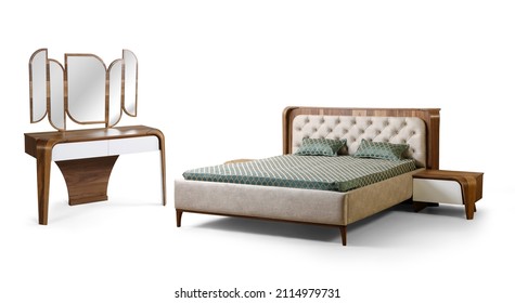 Modern bed with mirrored dressing table isolated on white background . - Shutterstock ID 2114979731