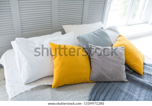 Modern Bedroom Bed Yellow Gray White Stock Photo Edit Now 1109971280