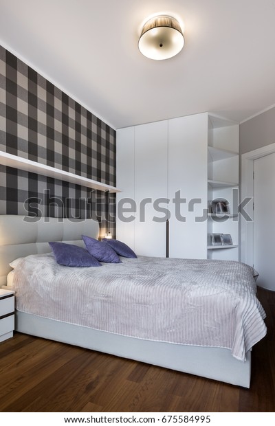 Modern Bedroom Checker Pattern On Wall Stock Photo Edit Now