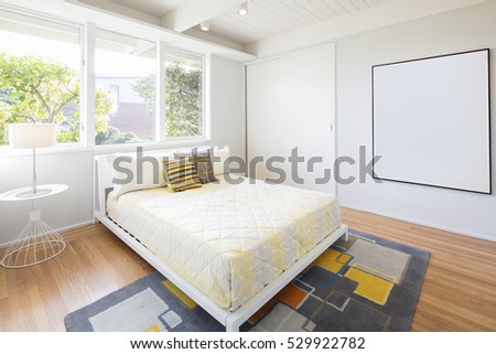 Modern Bedroom with double mattress, rug and copy space for your Art.