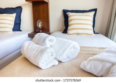 Modern Bedroom. European Hotel Design Bathrobe. Close-up. White Background.