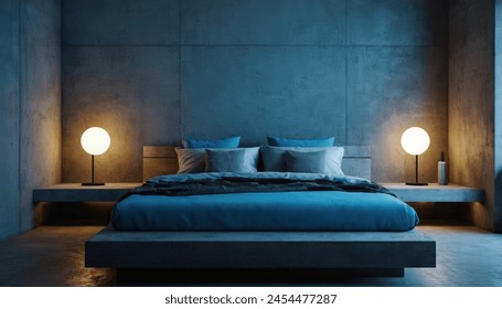 Modern bedroom interior with dark blue walls with a master bed standing with two nightstands lamps .  - Powered by Shutterstock