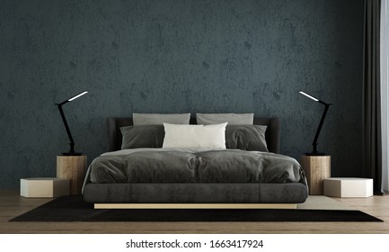 Modern Bedroom Interior Design And Blue Concrete Wall Background / New Idea Without Referance 