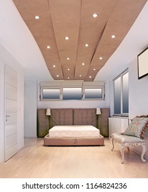 Modern Bedroom Interior With High Ceiling And Large Bed