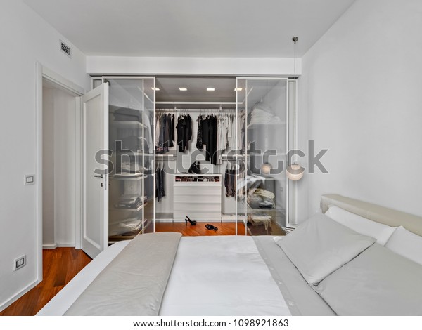 Modern Bedroom Interior Wardrobe Glass Door Stock Image