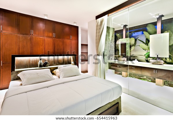 Modern Bedroom Luxury House Wooden Cupboards Stock Photo