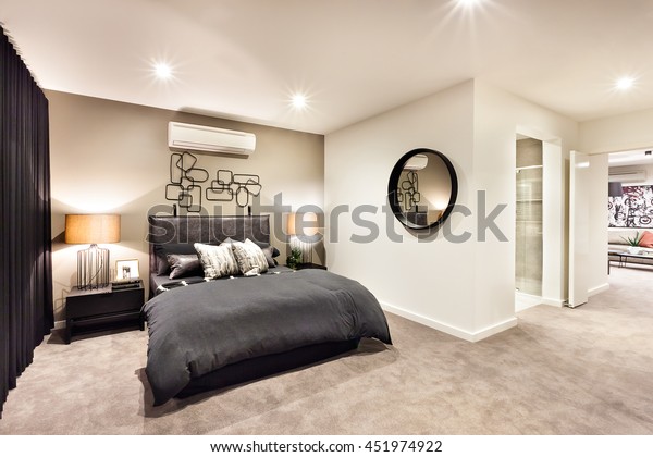 Modern Bedroom Round Mirror Hallway Through Stock Photo