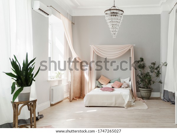 Modern bedroom with tester bed with pale pink\
tester and pale pink folding-screen, small accent pillows on the\
bed, minimalistic Scandinavian design bedroom with indoor plants\
and light grey walls.