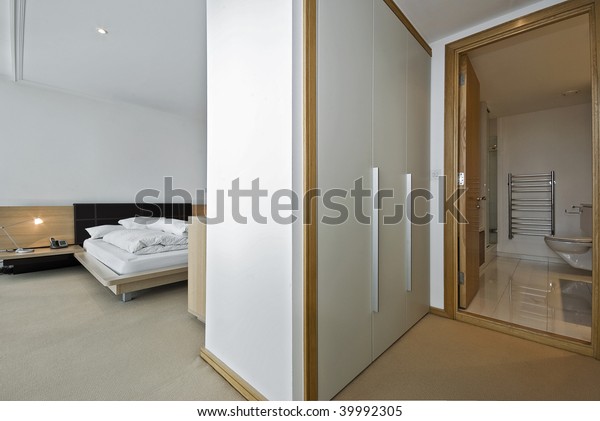 Modern Bedroom Walk Wardrobe Ensuite Bathroom Stock Photo