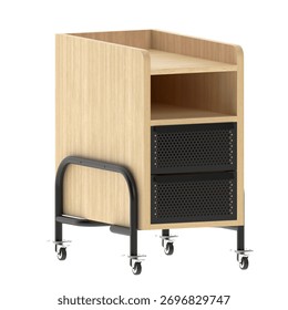 A modern bedside table designed with a combination of white ash wood panels and a sturdy iron pipe frame. The piece features dual storage drawers with perforated metal fronts, and an open shelf