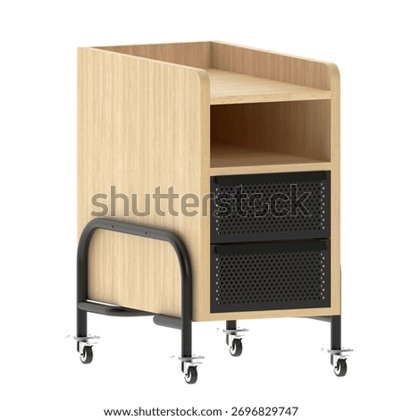 A modern bedside table designed with a combination of white ash wood panels and a sturdy iron pipe frame. The piece features dual storage drawers with perforated metal fronts, and an open shelf
