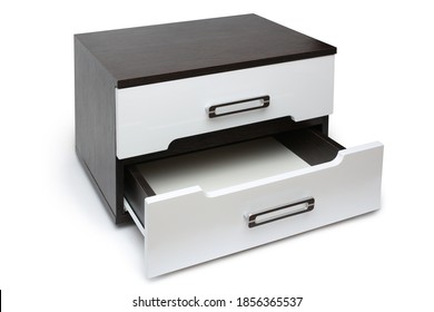 Modern Bedside Table With Opened Drawer On White Background