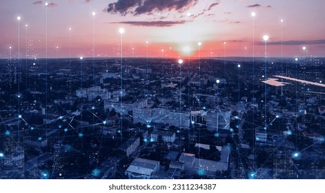 Modern big data connection technology is the future.	Telecommunication and communication network on city.Smart city development concept. - Shutterstock ID 2311234387