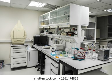 Modern biological laboratory. The interior of the room is equipped for scientific research.