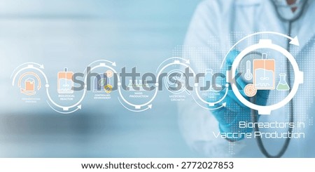 Modern Bioreactor Process Flowchart Showing Key Stages in Vaccine Manufacturing with Medical Professional