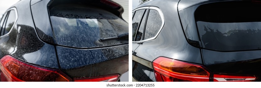 Modern black automobile before and after car washing outdoor. - Shutterstock ID 2204713255
