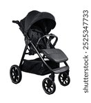 Modern black baby stroller with textile upholstery and rubber wheels standing on white background