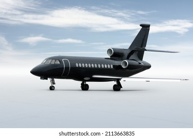 Modern Black Executive Business Jet Isolated On Bright Background With Sky