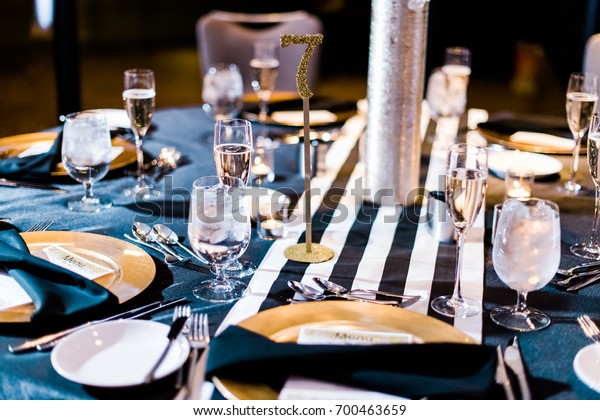 Modern Black Gold Wedding Table Setting Stock Photo Edit Now