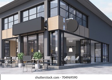 Modern black and gray cafe interior with a round and a rectangular signs, wooden tables and metal chairs. 3d rendering mock up
