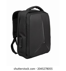 Modern black laptop backpack with combination lock isolated on white background.