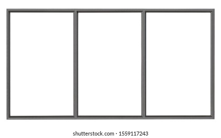 Modern Black Metal Window Isolated On White Background, Empty Glass Interior Office Frame For Architectural Element Design