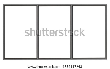 Modern black metal window isolated on white background, empty glass interior office frame for architectural element design