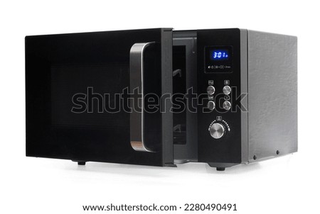 Modern black microwave oven with open door isolated on white background