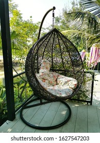 Modern Black Rattan Lounger Hanging Egg Chair With Pillow In The Garden.