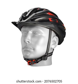 Modern Black And Red Bike On A Male Mannequin Head, Isolated 