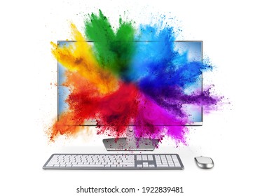 modern black silver pc monitor with mouse and keyboard colorful rainbow holi powder cloud explosion through screen isolated on white background. computer multimedia abstract art streaming concept. - Shutterstock ID 1922839481