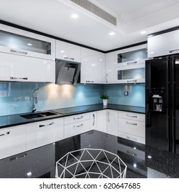 Modern, Black And White, High Gloss Kitchen With Table And Countertop