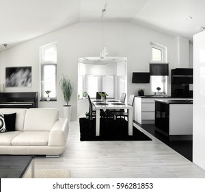 Modern Black And White Living Room Kitchen Combination Home Interior