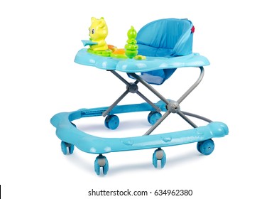 Modern blue baby walker with toys isolated on white