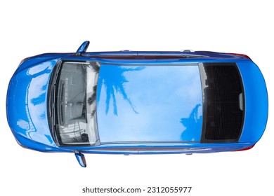 Modern blue car sedan above top drone view isolated on white background 