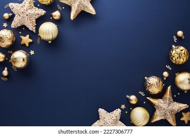 Modern Blue Christmas background with gold stars, balls, confetti. Elegant Christmas greeting card design, Happy New Year banner mockup