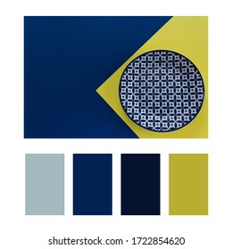 Modern blue plate on colorfull background in a colour palette, with complimentary colour swatches

