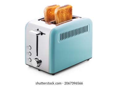 Tostadora azul moderna con pan tostado para desayunar en el interior, aislada en blanco con sendero de recorte.