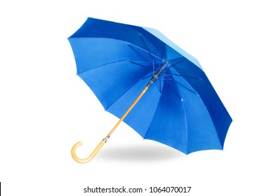 Modern blue umbrella isolated on white background with shadow.