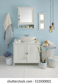 modernes, blaues Badezimmer mit klaren Wänden, moderne Lampe