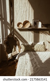 Modern Boho Style Home Interior Design. Bohemian Bedroom. Sunlight Shadows On The Wall. Hygge Concept.