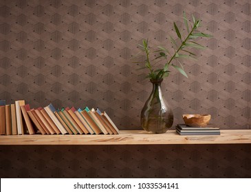 Modern Book And Bookcase Vase Of Flower Decoration Brown Wallpaper And Library Banner Style