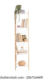 Modern bookcase with decor on white background