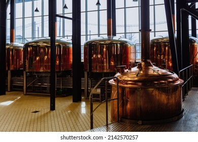 Modern Brewery. Craft Beer Production Line. Copper Tanks For Brewing