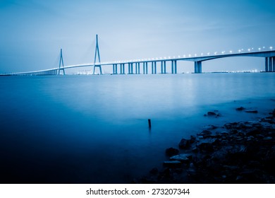 Modern Bridge In Susnet, Landscape Of Traffic.