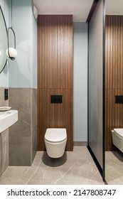 Modern Bright Bathroom With White Toilet Seat On Wooden Lamela Wall. Mirror On Grey Wall. 